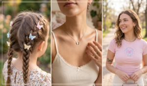 This set of images features three different women with varying styles. In the first panel, a woman wears hair clips with butterfly designs. The central panel shows a woman wearing a simple butterfly necklace, and the third panel displays a woman in a pink t-shirt with a butterfly motif and a black tattoo of a butterfly on her arm.