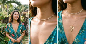 Delicate crystal choker necklace styled with a deep V-neck tropical print dress.