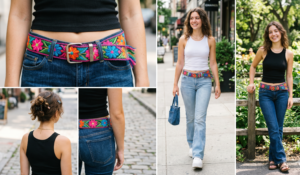 Four photos detailing classic Y2K low-rise flare pants and ribbed tank tops, elevated by traditional Mexican woven belts featuring bright neon floral embroidery.