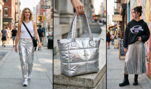 This set of images is split into three parts. The left image shows a woman walking in a white tank top and silver trousers. The center image features a silver metallic tote bag. The right image displays a woman in a black and purple hoodie and a silver pleated skirt.