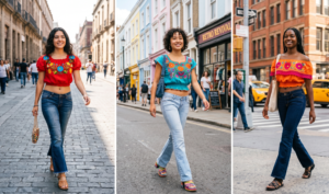 A collage of three women walking on a sunny city street wearing Y2K summer outfits featuring bright, hand-embroidered Mexican peasant crop tops and low-rise flare jeans.
