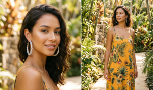 Large rhinestone hoop earrings styled with a mango-yellow tropical print slip dress.