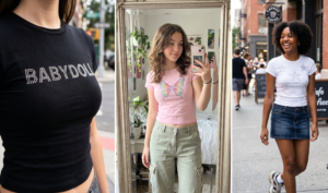 A woman shows her black baby tee in the first panel. In the middle panel, she takes a mirror selfie using her phone while dressed in a light-coloured t-shirt with a butterfly graphic and olive-green cargo pants. On the far right, another woman walks down a busy street smiling, wearing a white short-sleeved top with a star design and a dark blue denim miniskirt.