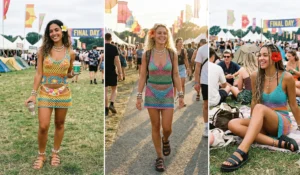 Relaxed tropical crochet mini dresses paired with chunky leather sandals and shell jewelry for the final day of a music festival.