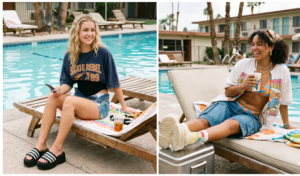 Two women relaxing poolside wearing oversized retro graphic tees over their swimwear.