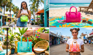 A 2x2 grid collage of square photos featuring translucent Y2K jelly mini bags. Top left: Neon green bag. Top right: Hot pink bag on a beach towel. Bottom left: Blue bag with chunky bracelets. Bottom right: Orange bag held against a white t-shirt.