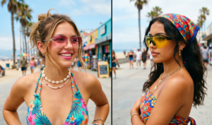 A 16:9 vertical split image featuring girls wearing oversized Y2K tinted sunglasses. The left side is a candid shot of a girl in rimless pink sunglasses. The right side shows a side profile of a girl wearing a bandana top and yellow shield-style sunglasses.