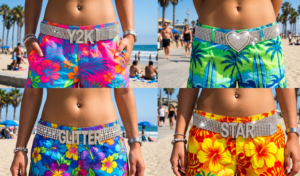 Four-panel grid showing close-ups of colorful, baggy surfer board shorts cinched low on the hips with sparkling, rhinestone-studded belts.