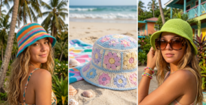 A 16:9 triptych collage of women wearing colorful crochet bucket hats. Panel 1: A girl in a blue and pink striped hat. Panel 2: Close-up of a floral pattern hat. Panel 3: A girl in a lime green hat and large sunglasses. The hats have a bohemian, Y2K aesthetic.