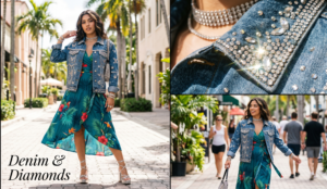 Bedazzled rhinestone denim jacket styled with a deep teal tropical wrap dress for Y2K summer fashion.