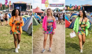 Neon Y2K windbreakers worn off-the-shoulder over tropical print two-piece sets for a rave-ready summer festival outfit.