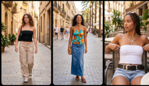 Three women pose against a brick wall. In the first panel, a woman wears a white tank top and has wavy hair, followed by another woman in a dark grey top with curly hair. The final panel shows a smiling woman in a light blue and purple tank top with braided hair.