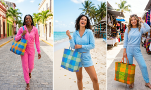 Three stylish women holding oversized, brightly colored Mexican Mercado woven market totes while wearing plush pink and blue Y2K terry cloth matching tracksuits.