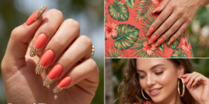 Coral acrylic nails with gold rhinestone French tips and crystal nail art.