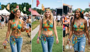 Matching tropical print bandanas styled as halter tops, headscarves, and waistbands with low-rise jeans.