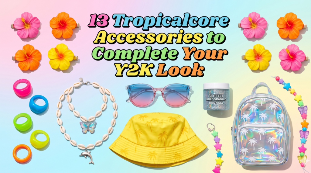 "A vibrant flat lay of 13 diverse Y2K-inspired "Tropicalcore" accessories arranged on a sand and water-ripple background. The visual mood board includes colorful hibiscus hair clips, layered cowrie shell and beaded necklaces, butterfly motifs, oversized tinted retro sunglasses, beaded waist chains, and two mini clear jelly handbags (one pink, one lime green with a dolphin charm). Bold, playful retro bubble text in the center reads: "13 Tropicalcore Accessories to Complete Your Y2K Look"."