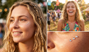 Rhinestone face gems applied beneath the eyes, styled with a tropical floral sundress.