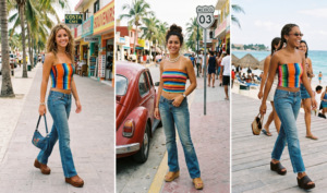 Collage of three women in a summer setting wearing tightly fitted tube tops made from vibrant Mexican Serape striped fabric, styled with faded early 2000s bootcut jeans.