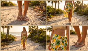 Gold rhinestone flip flops styled with a mango and palm print wrap skirt for the beach.