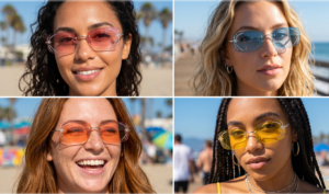 Four-panel grid of women wearing rimless, colorful tinted Y2K sunglasses customized with tiny sparkling rhinestones glued to the corners of the lenses.