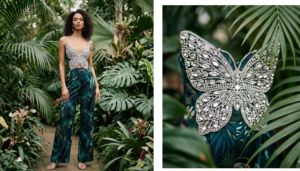 Silver rhinestone butterfly corset top paired with jungle green tropical wide-leg trousers.