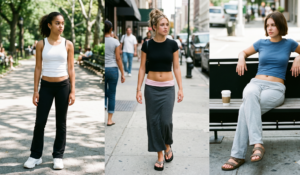 Three-panel collage demonstrating the 2000s fold-over waistband trick on yoga pants, a maxi skirt, and lounge trousers to create a low-rise fit.