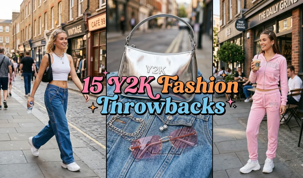 A three-panel vertical collage titled '15 Y2K Fashion Throwbacks' in colorful, retro-style bubble letters in the center. The left panel shows a young woman with blonde hair walking down a cobbled street lined with vintage shops, wearing low-rise baggy jeans, a white crop top, and chunky sneakers. The middle panel features a close-up of iconic Y2K accessories: a shiny silver metallic shoulder bag, layered silver chain necklaces, and a pair of rimless, pink-tinted sunglasses, all resting on a denim jacket. The right panel displays another young woman outside a cafe named 'The Daily Grind,' holding an iced coffee and wearing a matching pink velour tracksuit with 'ANGEL' spelled out in rhinestones on the pants.