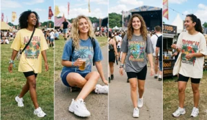 4 girls wearing oversized vintage tropical graphic tees with cycling shorts and chunky dad sneakers, off-duty festival style.