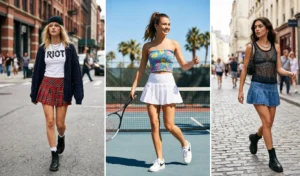 Collage of three Y2K pleated micro-mini skirts styled in preppy plaid, crisp white tennis style, and denim for trendy daytime summer looks.