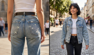 Two images show women in a classic city setting. On the left, a close-up view focuses on a woman's lower body, wearing light-wash blue jeans and white platform sneakers. On the right, a woman in an olive green jacket, a white crop top, and black jeans walks along a street in a European city, smiling at the camera.