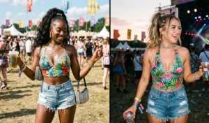 Rhinestone embellished tropical halter tops and denim cut-off shorts, channeling the McBling Y2K aesthetic for festivals.