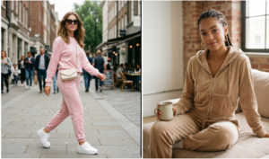 In two separate panels, women model velour tracksuits. The left panel shows a woman in a pink suit walking along a sidewalk, carrying a beige handbag. The right panel features another woman in a beige suit sitting on a couch and holding a white mug.
