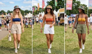 : Casual day-one festival outfit featuring tropical print bucket hats, bandeau tops, and relaxed linen shorts.