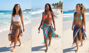 Three women walking on the beach wearing vibrant, low-slung Y2K wrap skirts made from traditional fringed Mexican Rebozo shawls layered over metallic bikinis.