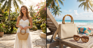 A 16:9 vertical split image featuring structured mini bags with natural bamboo handles. The left panel shows a girl in a white summer dress holding a woven straw bag. The right panel shows a canvas bag resting on a wooden beach chair next to large sunglasses.