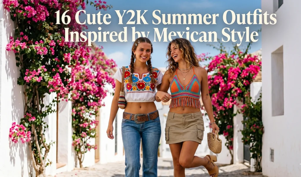 Blog feature image showing two stylish white women wearing Y2K summer outfits infused with traditional Mexican embroidery and crochet, with the text "16 Cute Y2K Summer Outfits Inspired by Mexican Style" overlaid.