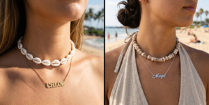 Split image showing close-ups of classic white puka shell necklaces layered with shiny gold and silver personalized nameplate necklaces.
