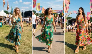 Flowy tropical maxi dresses styled with chunky Y2K statement belts and platform wedges for a boho-luxe festival vibe.
