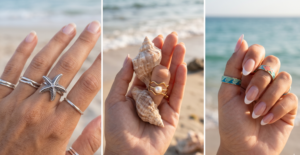A 16:9 vertical triptych collage showcasing ocean-inspired rings. Panel 1: Close-up of a silver starfish ring. Panel 2: Stacked gold wave rings. Panel 3: Colorful enamel rings worn with a Y2K French manicure. All images have soft, natural daylight.
