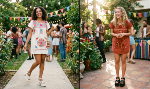 Two women at a daytime summer party wearing colorful, boxy Mexican Huipil-style mini dresses with dense embroidery, paired with chunky Y2K platform sandals.