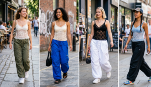 Four women modeling the sporty-meets-sweet Y2K aesthetic with delicate, slightly sheer handcrafted Mexican lace camisoles contrasted with voluminous nylon parachute pants.
