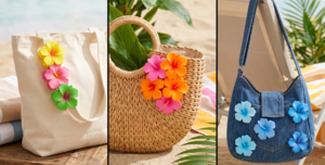 Collage of canvas totes, woven baskets, and denim bags decorated with bright, plastic foam hibiscus flower hair clips pinned to the straps.
