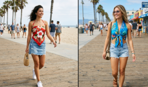 Split image of two women wearing red and blue floral silk scarves folded and tied into backless tube tops for a summer look.