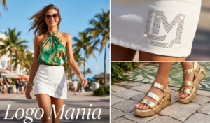 White crystal logo mini skirt worn with a green tropical print halter top and gold platforms.