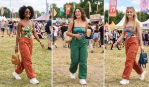 Tropical print tube tops paired with wide-leg utility trousers and chunky sneakers for a streetwear-inspired festival outfit.