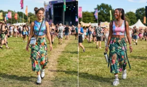 Holographic crop tops paired with tropical cargo skirts and platform boots for a futuristic Y2K festival outfit idea.