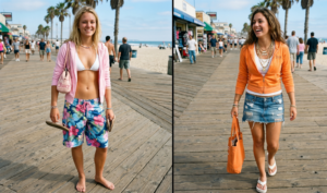 Split image featuring two women wearing unzipped pastel terrycloth track hoodies paired with contrasting board shorts and a denim mini skirt.