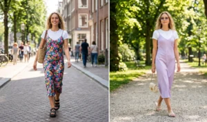 Split photo illustrating the classic 2000s trend of layering a slinky satin slip dress over a casual white baby tee for a daytime summer outfit.