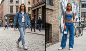 Two women showcase their style in separate frames. On the left, a woman in a denim jacket, a white t-shirt, and jeans walks along a city street. On the right, another woman wears a denim corset and jeans, accessorised with a silver handbag.