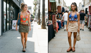 Side-by-side photo of two women modeling 2000s street style with vibrant Mexican artisanal crochet halter tops paired with rugged canvas cargo mini skirts.